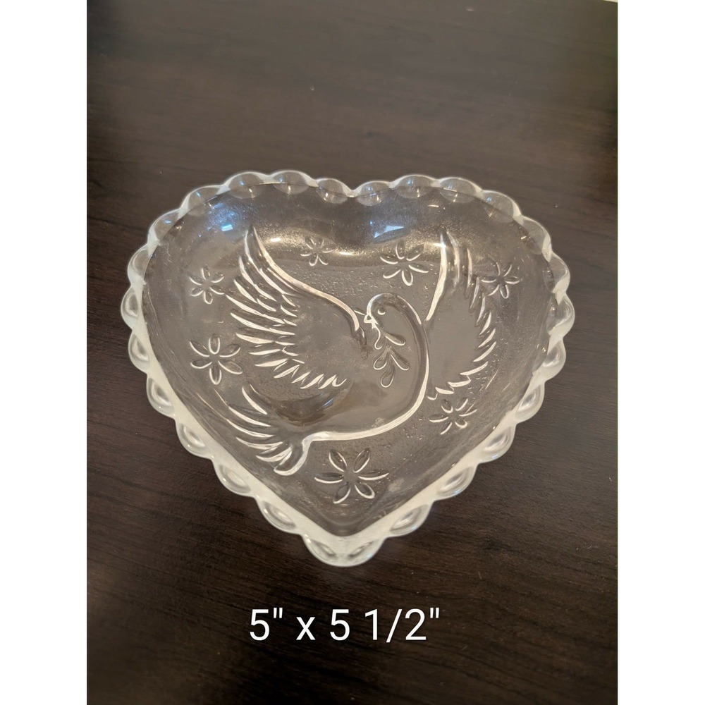 Pressed Glass Turtle Dove Inside Of A Heart Trinket Dish 5 1/2in by 5in